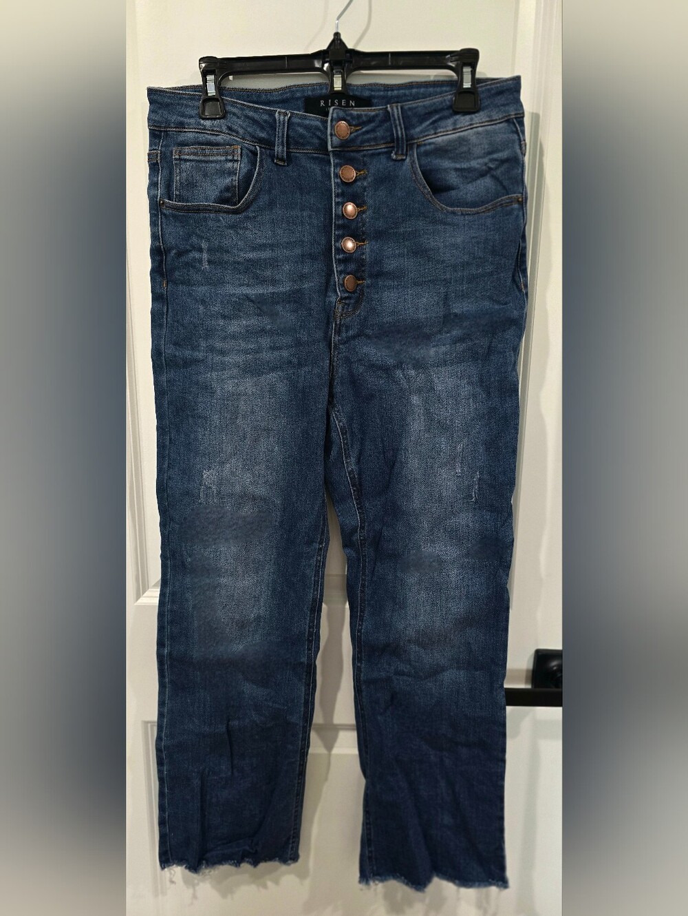 Risen Dark Blue Button-Down Distressed Flare Jeans
